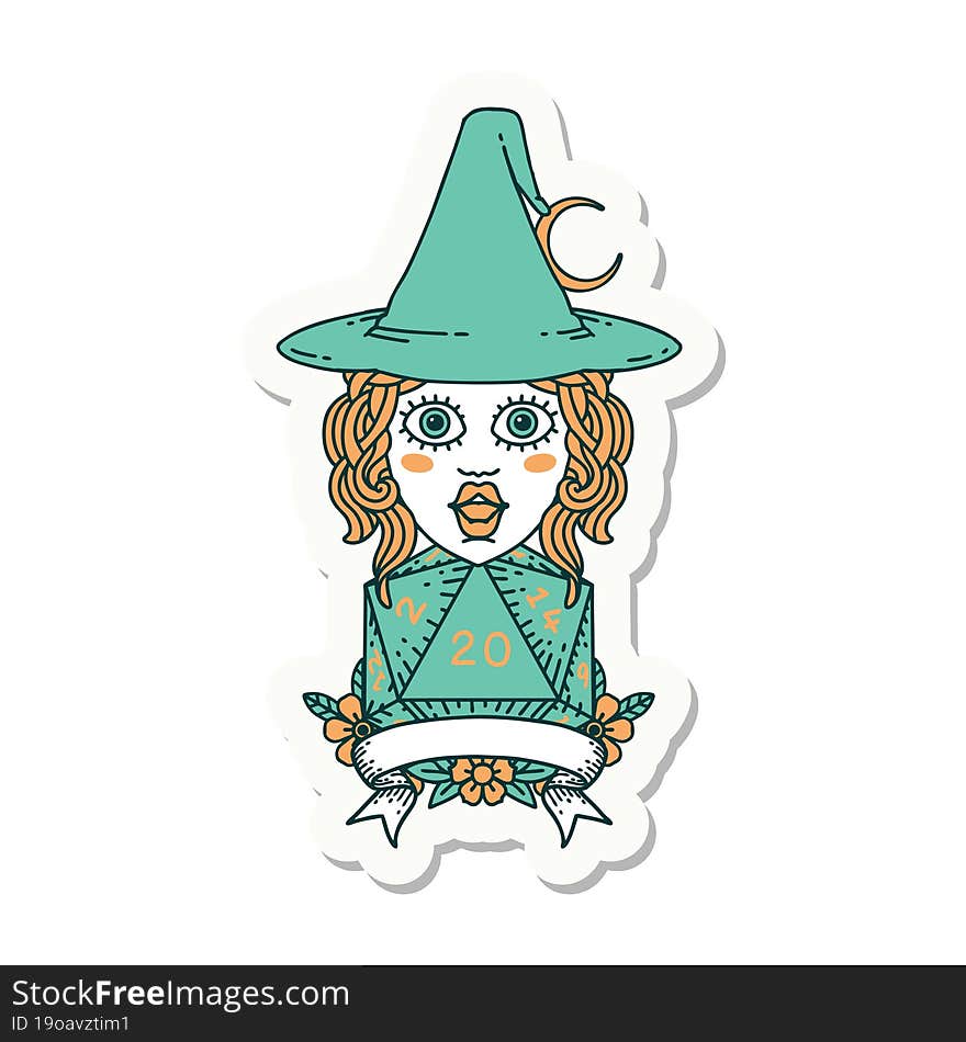 human witch with natural twenty dice roll sticker