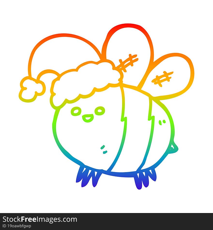 rainbow gradient line drawing of a cute cartoon bee wearing christmas hat