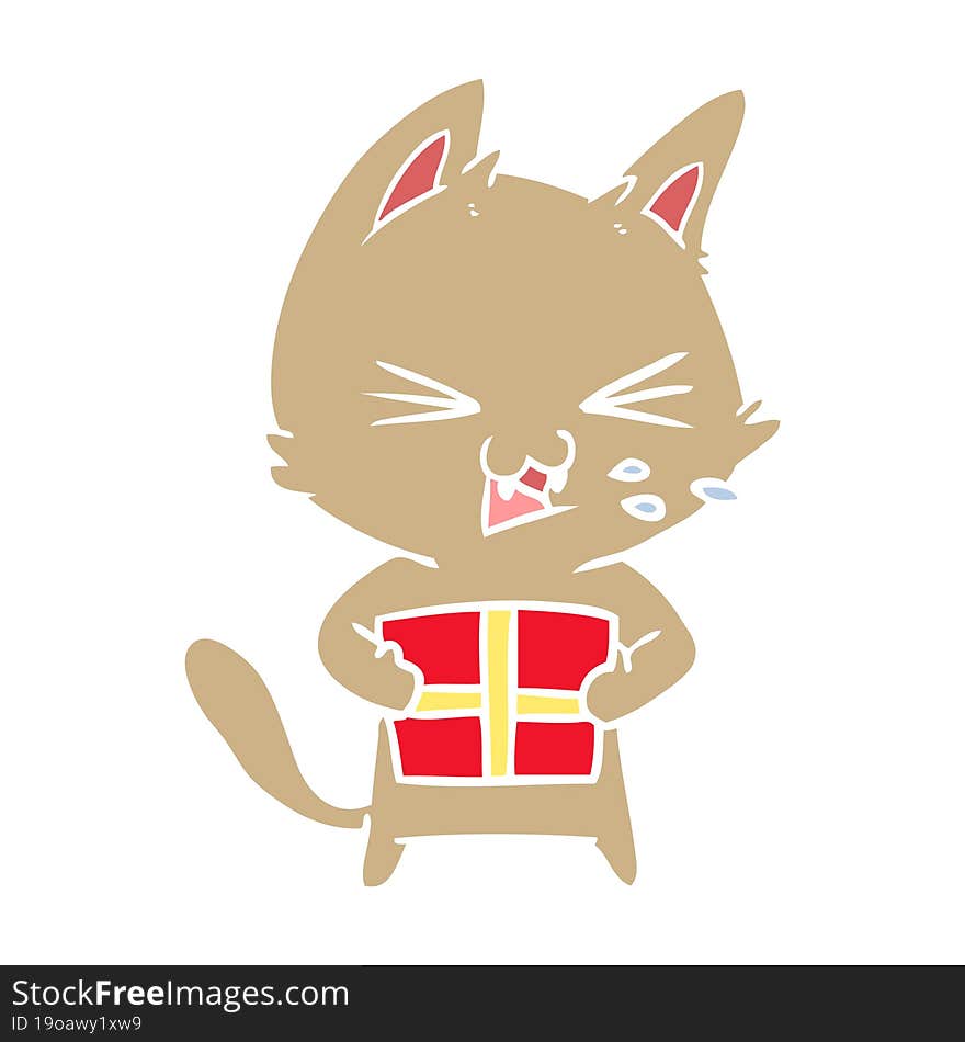 flat color style cartoon hissing cat with christmas present