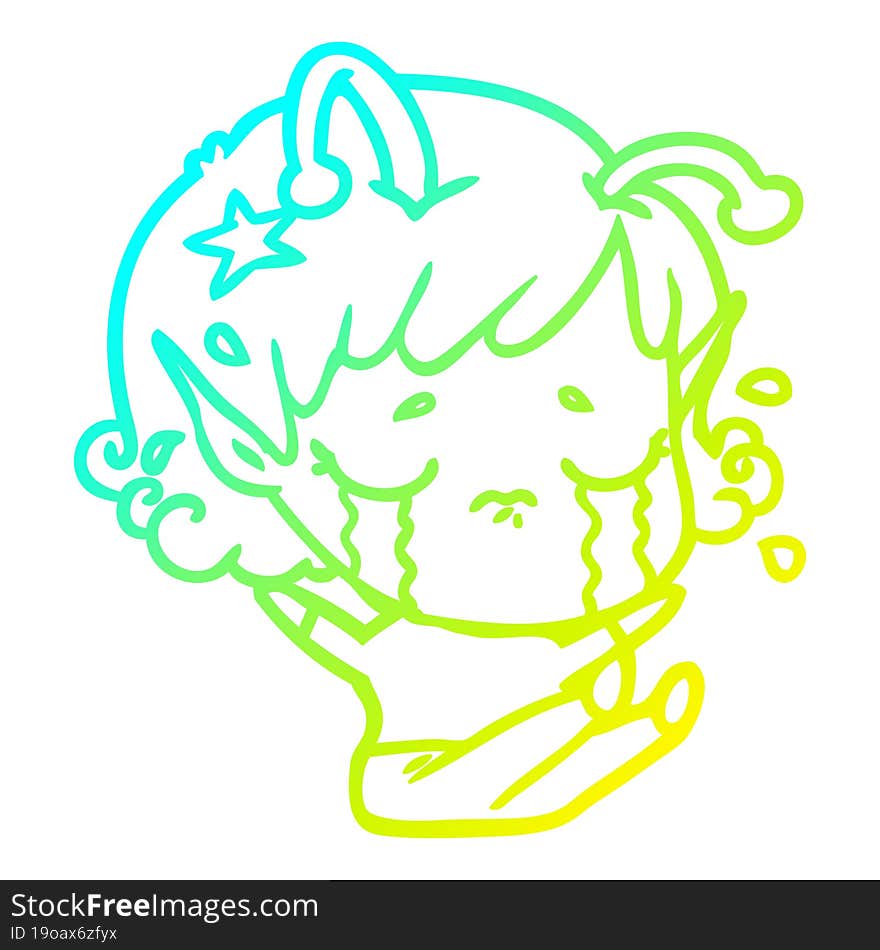 cold gradient line drawing cartoon crying alien girl