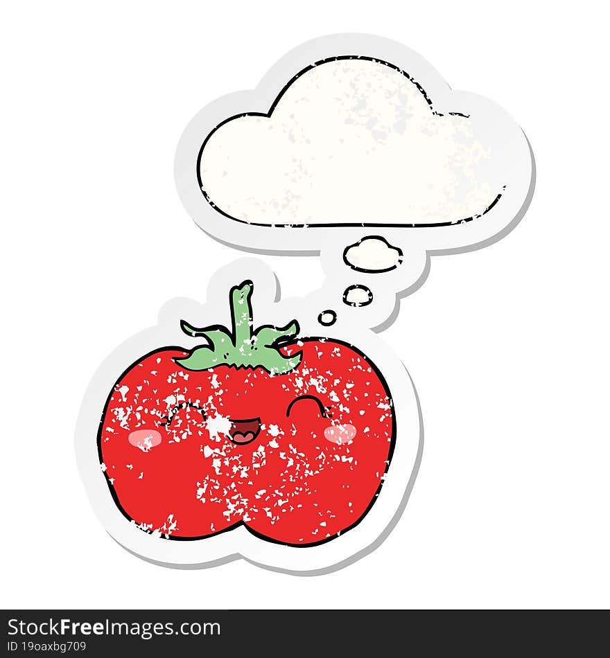 Cartoon Tomato And Thought Bubble As A Distressed Worn Sticker