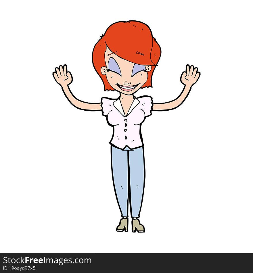 Cartoon Pretty Woman With Hands In Air