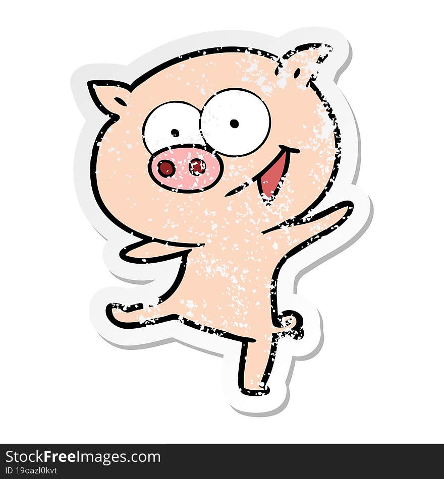 distressed sticker of a cheerful dancing pig cartoon