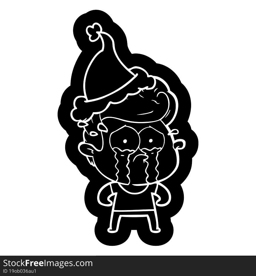 quirky cartoon icon of a crying man wearing santa hat