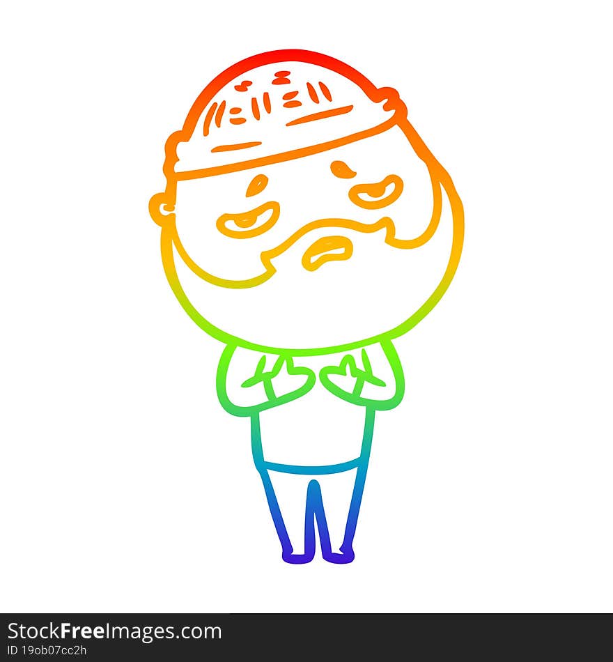 rainbow gradient line drawing of a cartoon worried man with beard