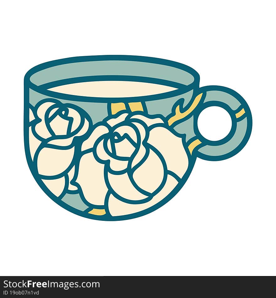 tattoo style icon of a cup and flowers