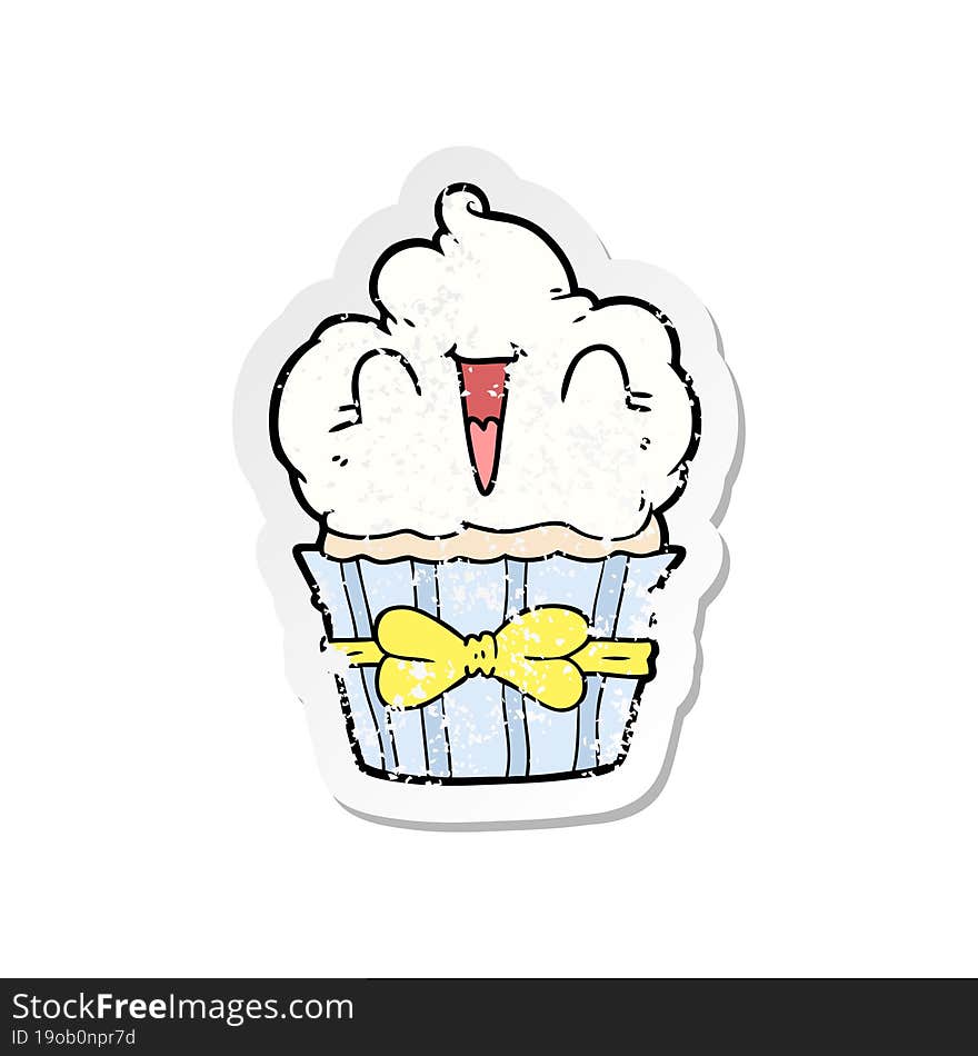 distressed sticker of a happy cartoon cupcake