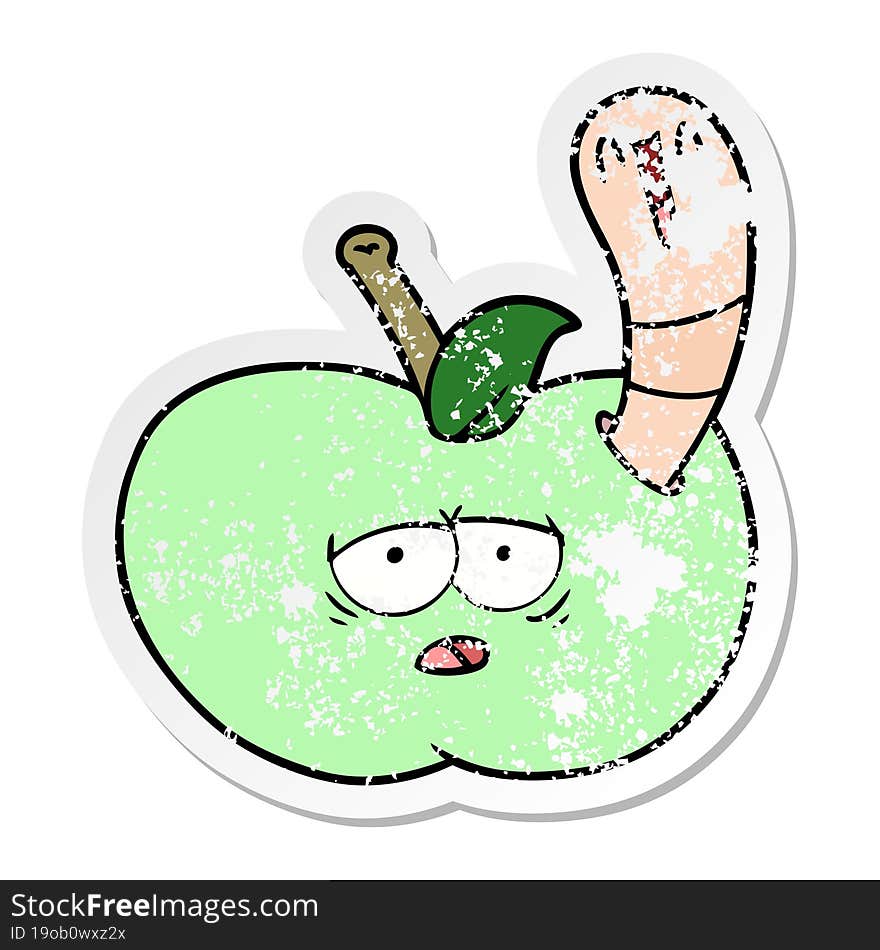 distressed sticker of a cartoon worm in apple