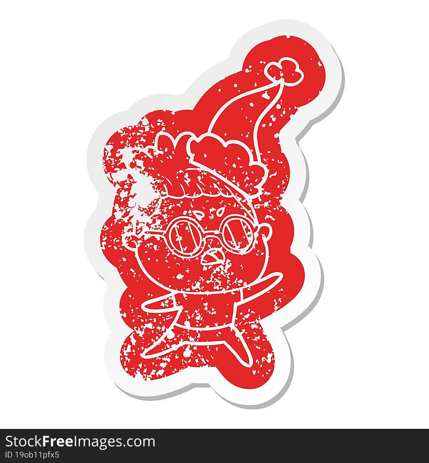 quirky cartoon distressed sticker of a annoyed woman wearing santa hat