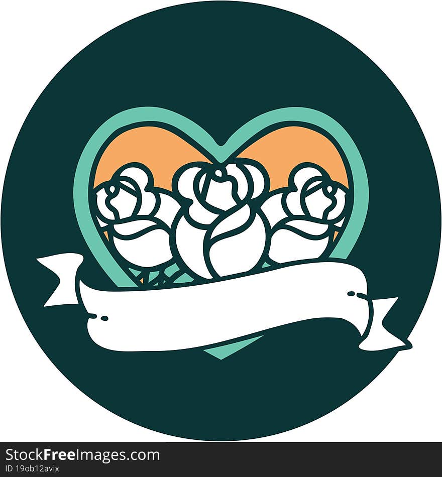 iconic tattoo style image of a heart and banner with flowers. iconic tattoo style image of a heart and banner with flowers