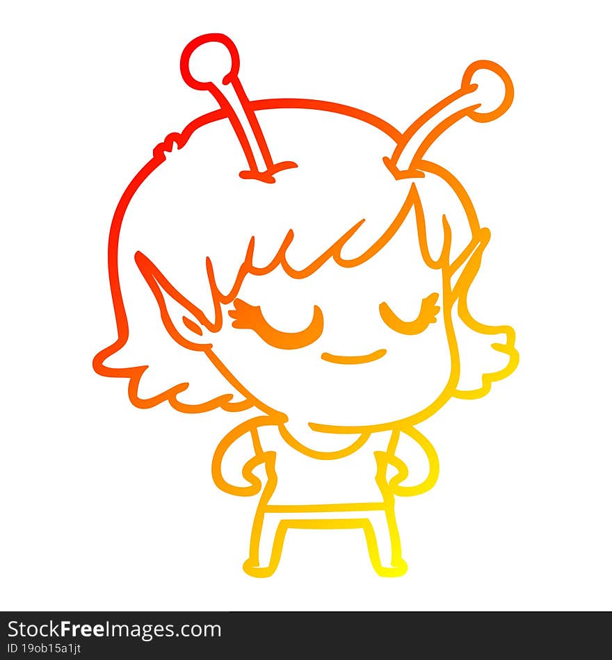 warm gradient line drawing smiling alien girl cartoon