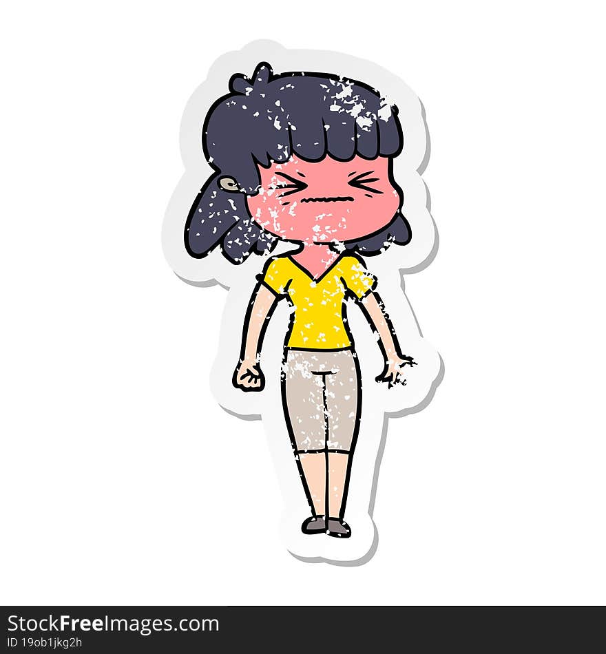 distressed sticker of a cartoon angry girl