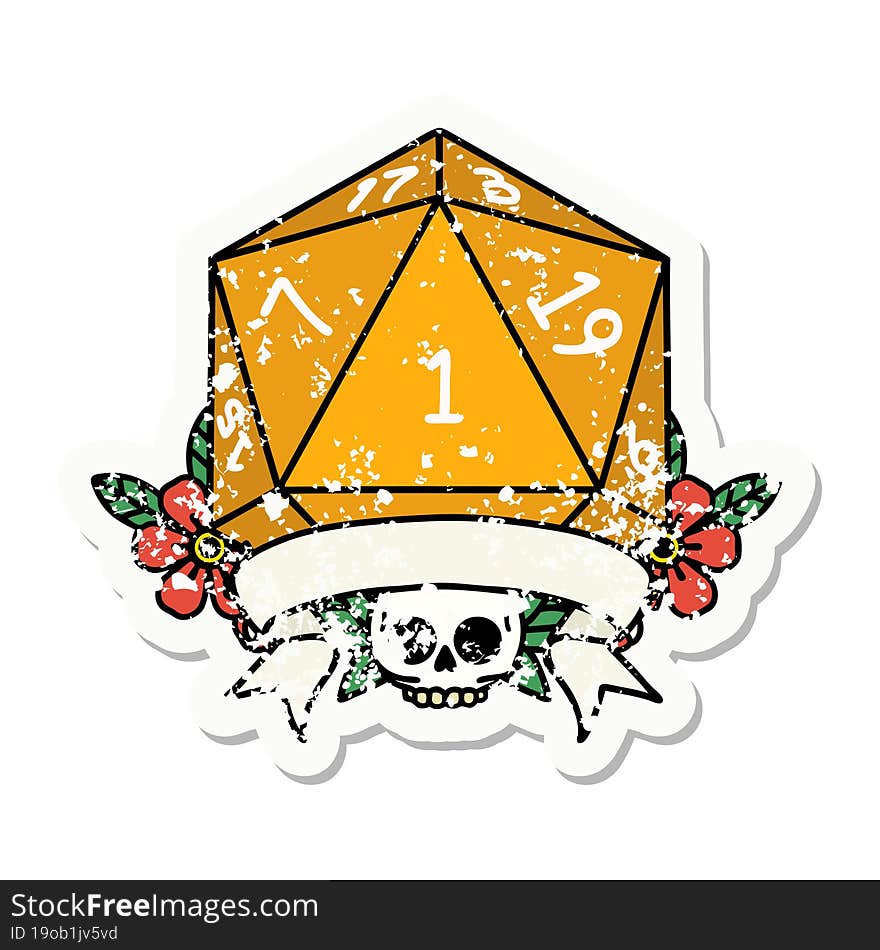 Natural One D20 Dice Roll Grunge Sticker