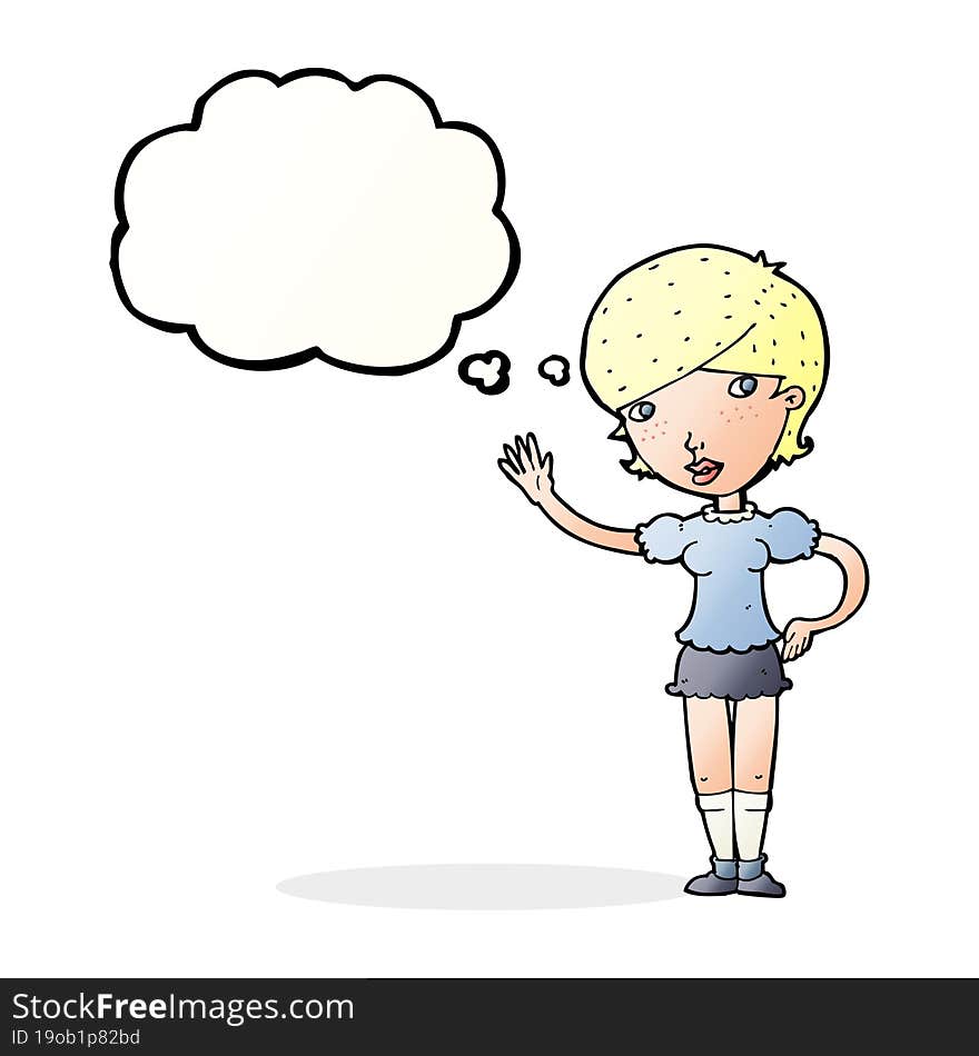 Cartoon Girl Waving With Thought Bubble