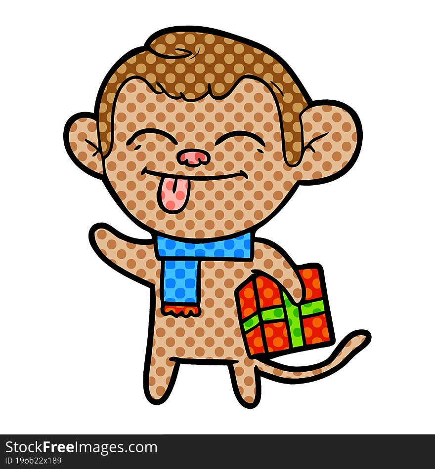 funny cartoon monkey with christmas present. funny cartoon monkey with christmas present