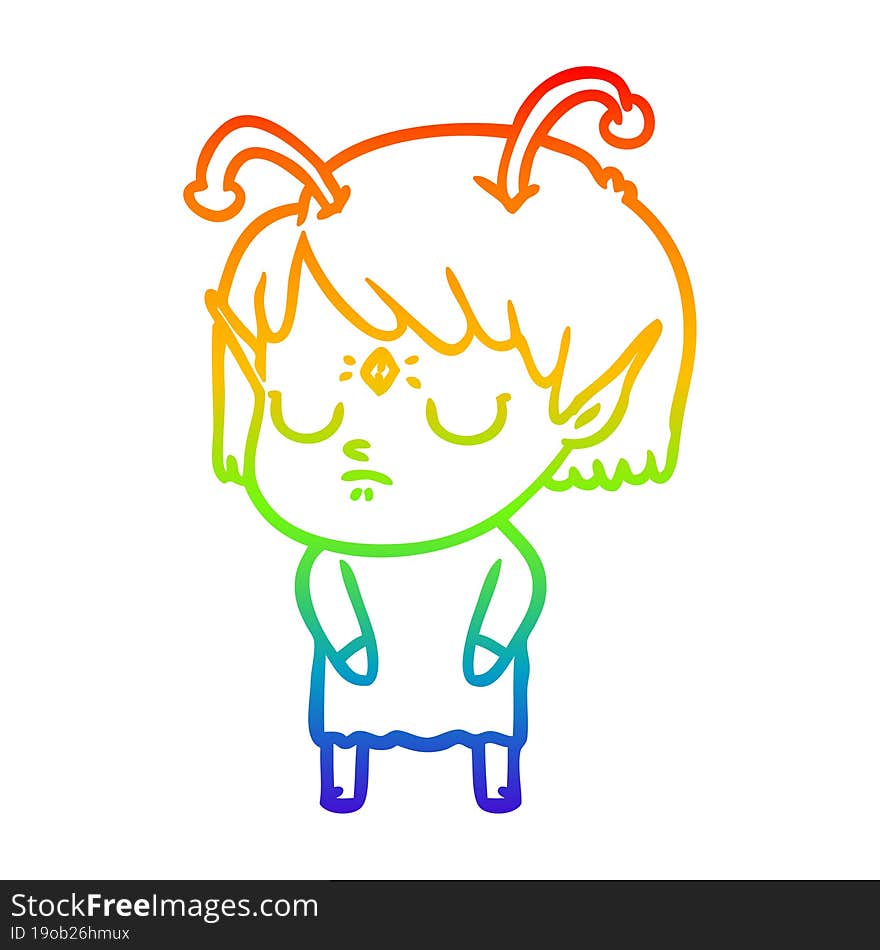 rainbow gradient line drawing of a cartoon alien girl