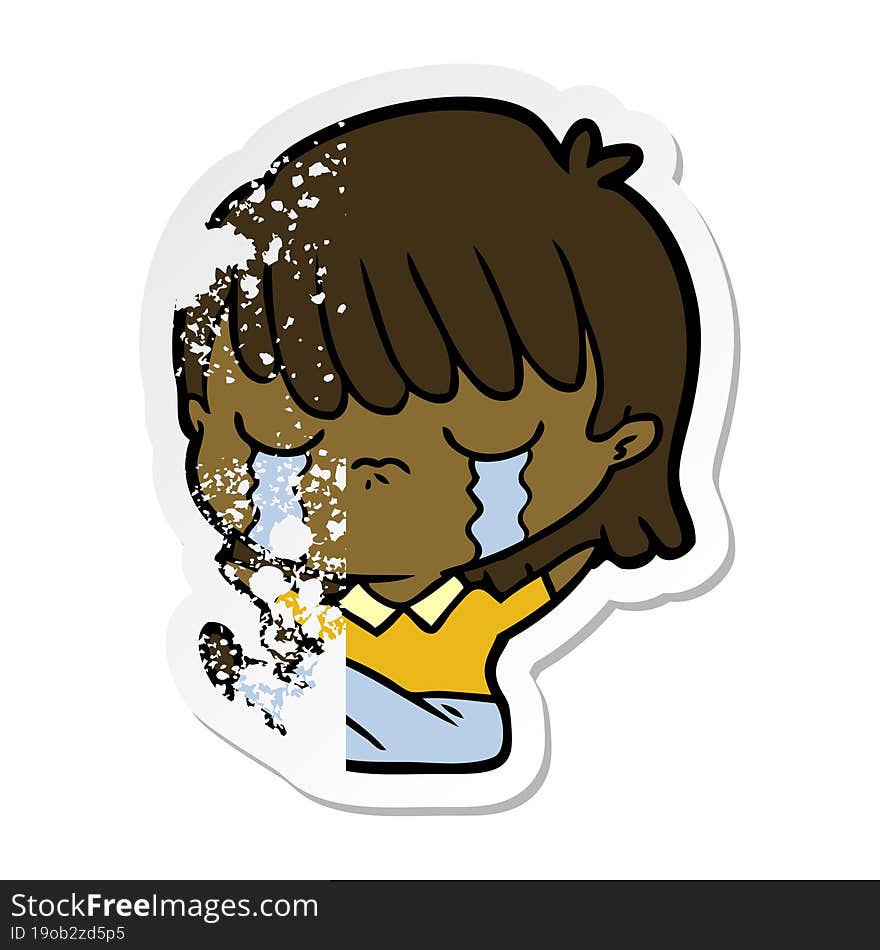 distressed sticker of a cartoon woman crying