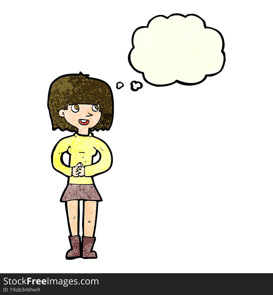 cartoon friendly woman with thought bubble