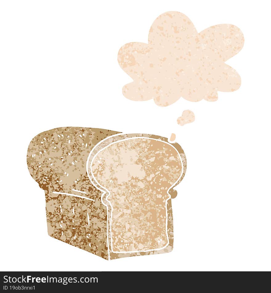 cartoon loaf of bread and thought bubble in retro textured style