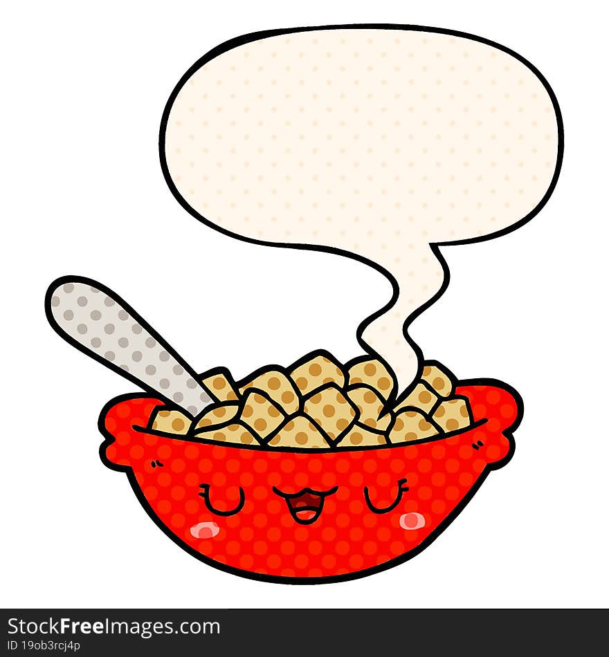 cute cartoon bowl of cereal and speech bubble in comic book style