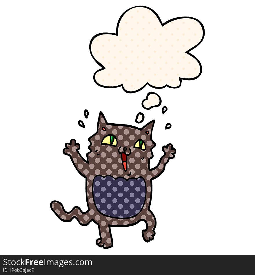 cartoon crazy excited cat with thought bubble in comic book style