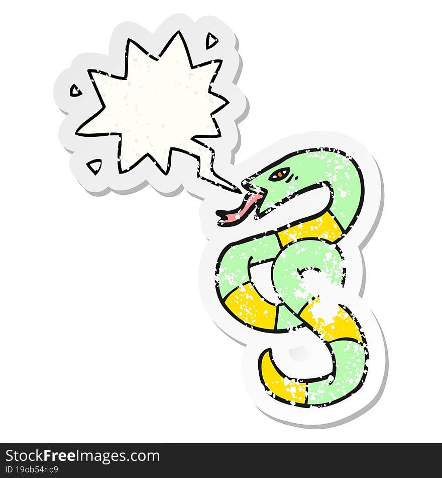 hissing cartoon snake and speech bubble distressed sticker