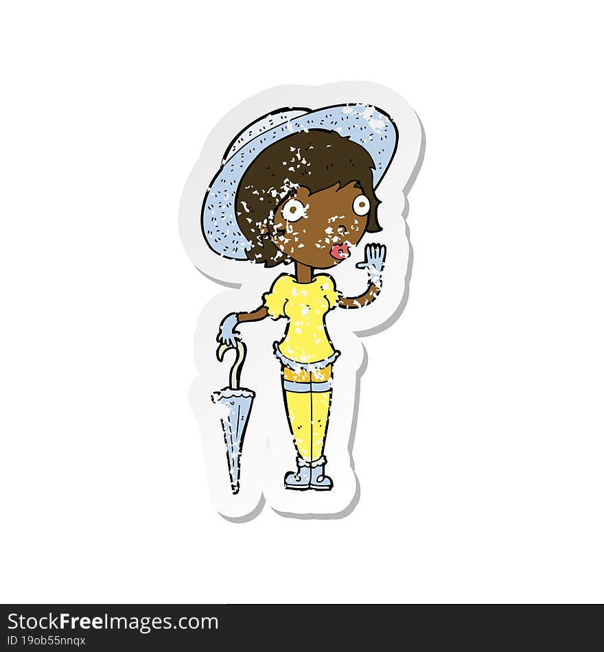 retro distressed sticker of a cartoon woman in summer hat waving