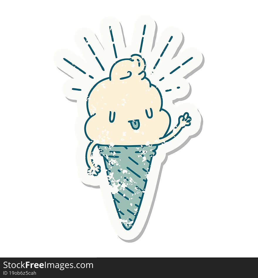 grunge sticker of tattoo style ice cream character waving