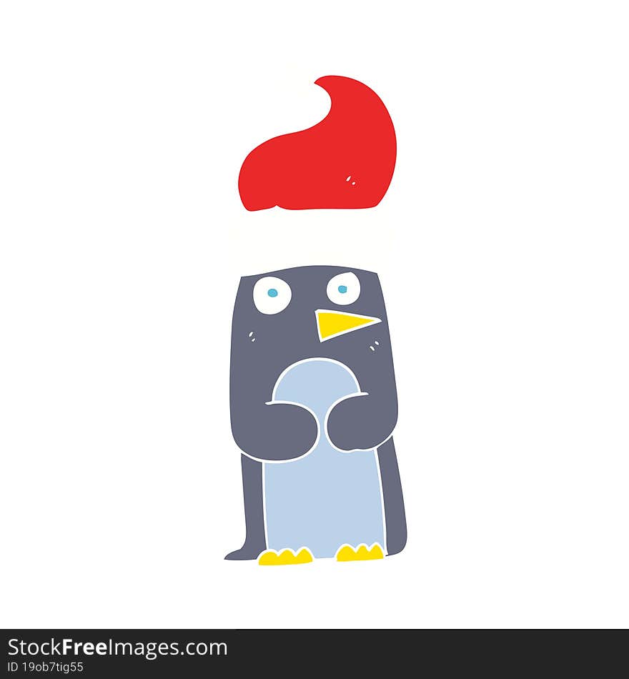 flat color illustration of a cartoon penguin in christmas hat