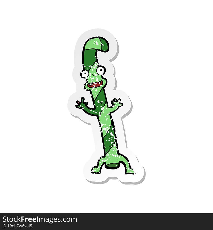 retro distressed sticker of a cartoon dancing christmas candy cane