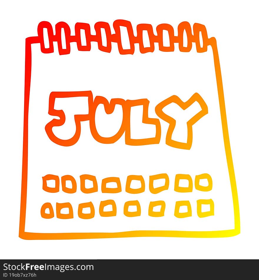 warm gradient line drawing cartoon calendar showing month of july