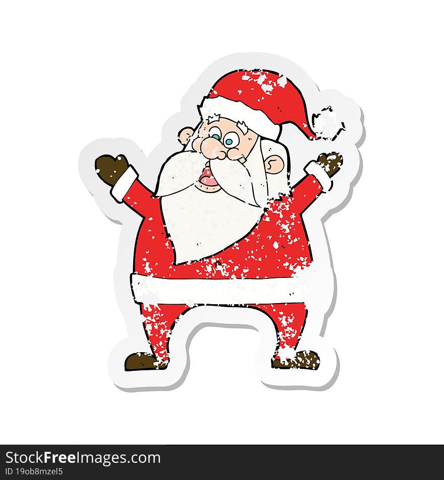 retro distressed sticker of a jolly santa cartoon