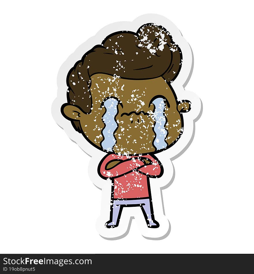 distressed sticker of a cartoon man crying