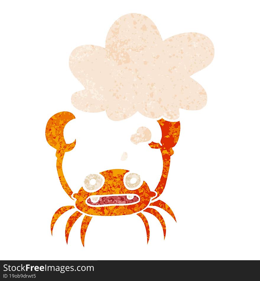 cartoon crab and thought bubble in retro textured style