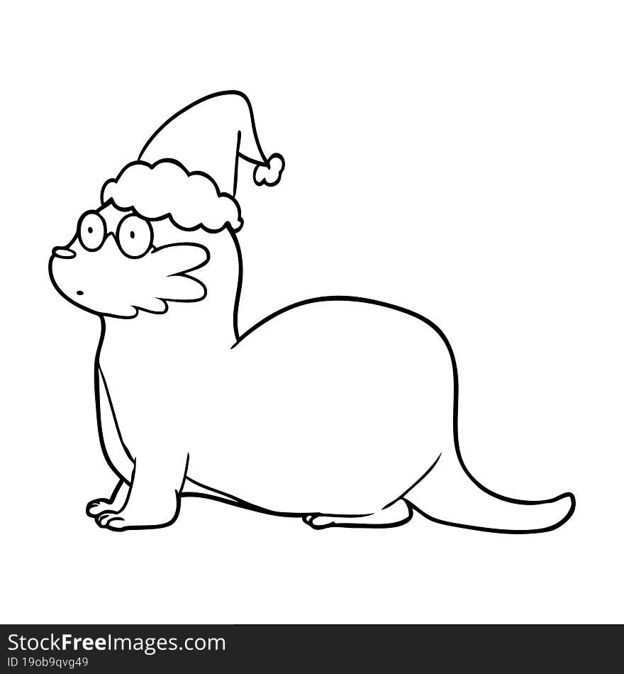 line drawing of a otter wearing santa hat