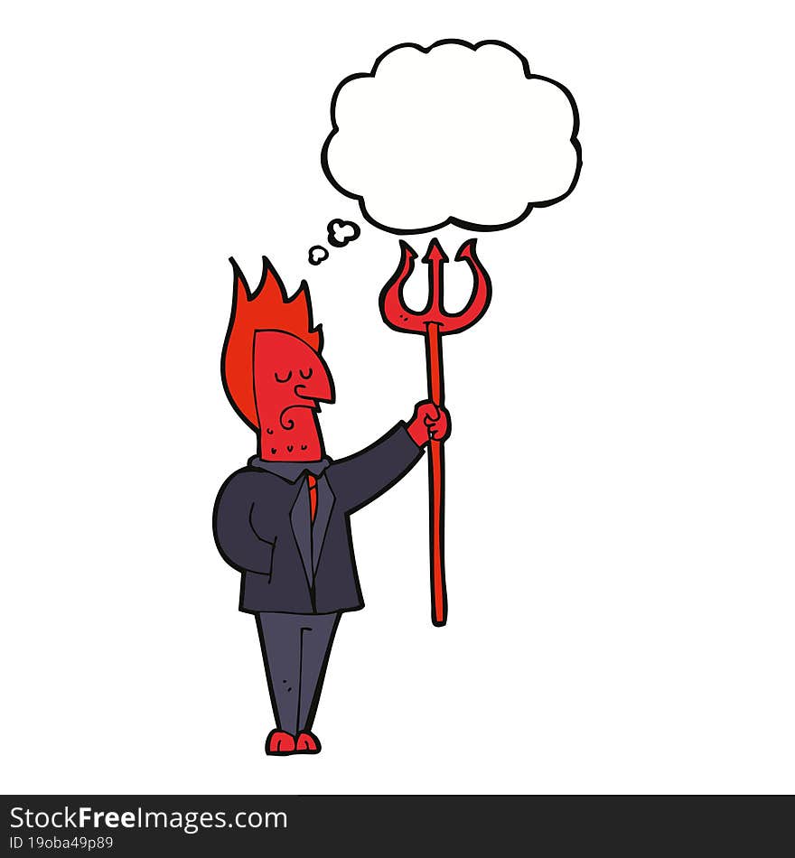 Cartoon Devil With Pitchfork With Thought Bubble