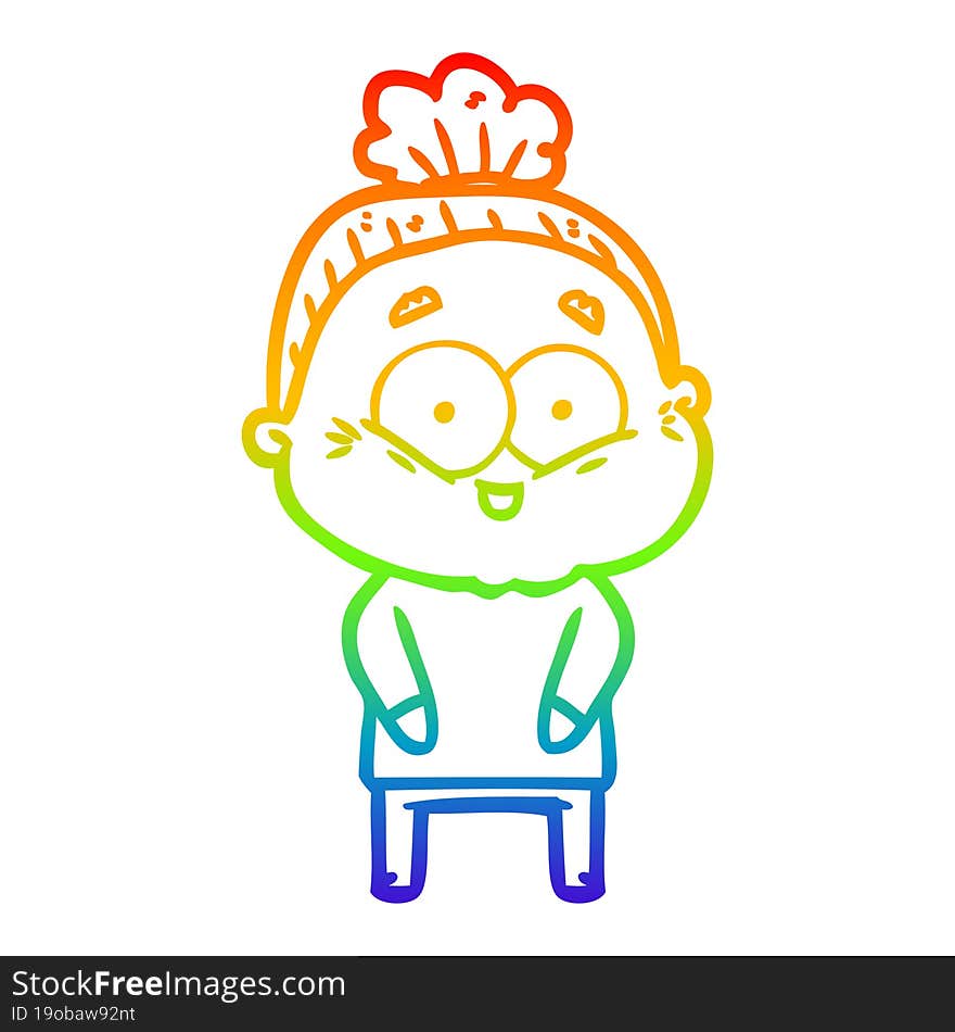 rainbow gradient line drawing of a cartoon happy old woman