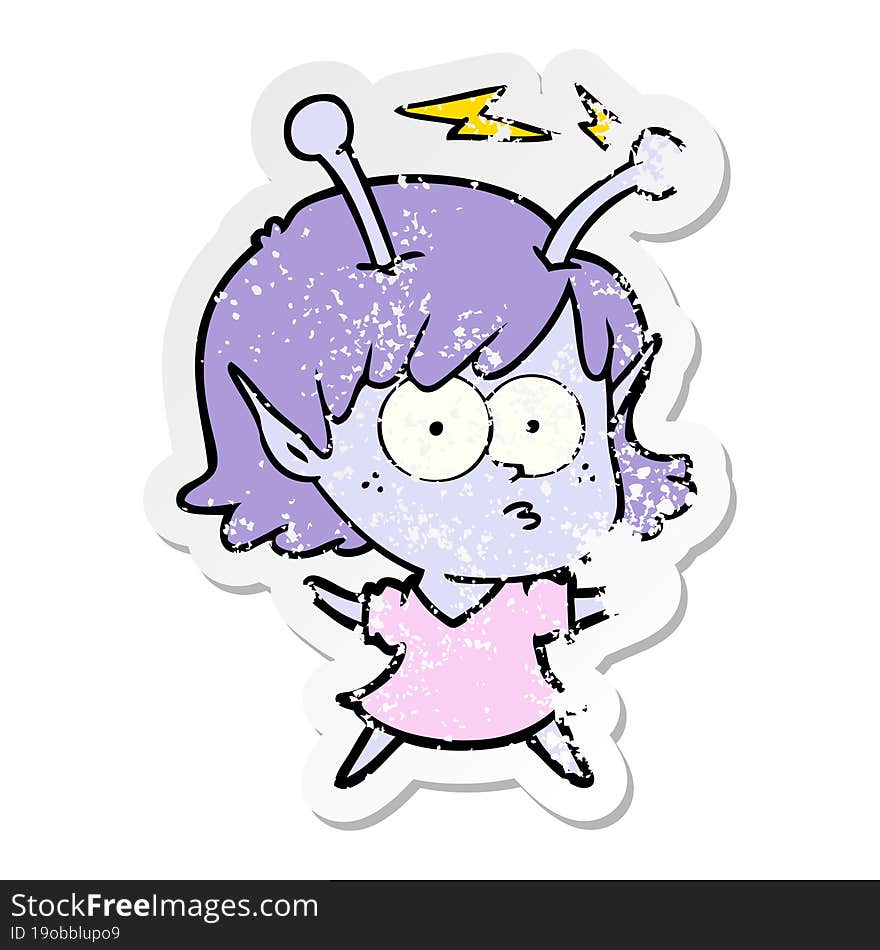 distressed sticker of a cartoon alien girl