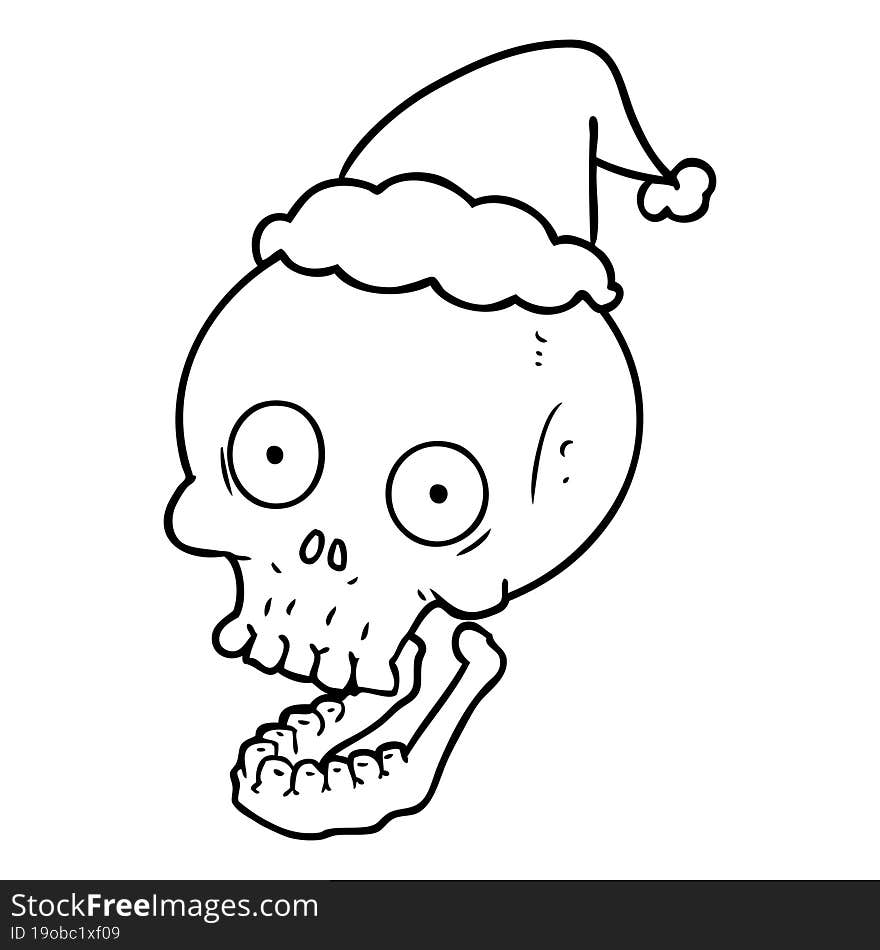 hand drawn line drawing of a skull wearing santa hat