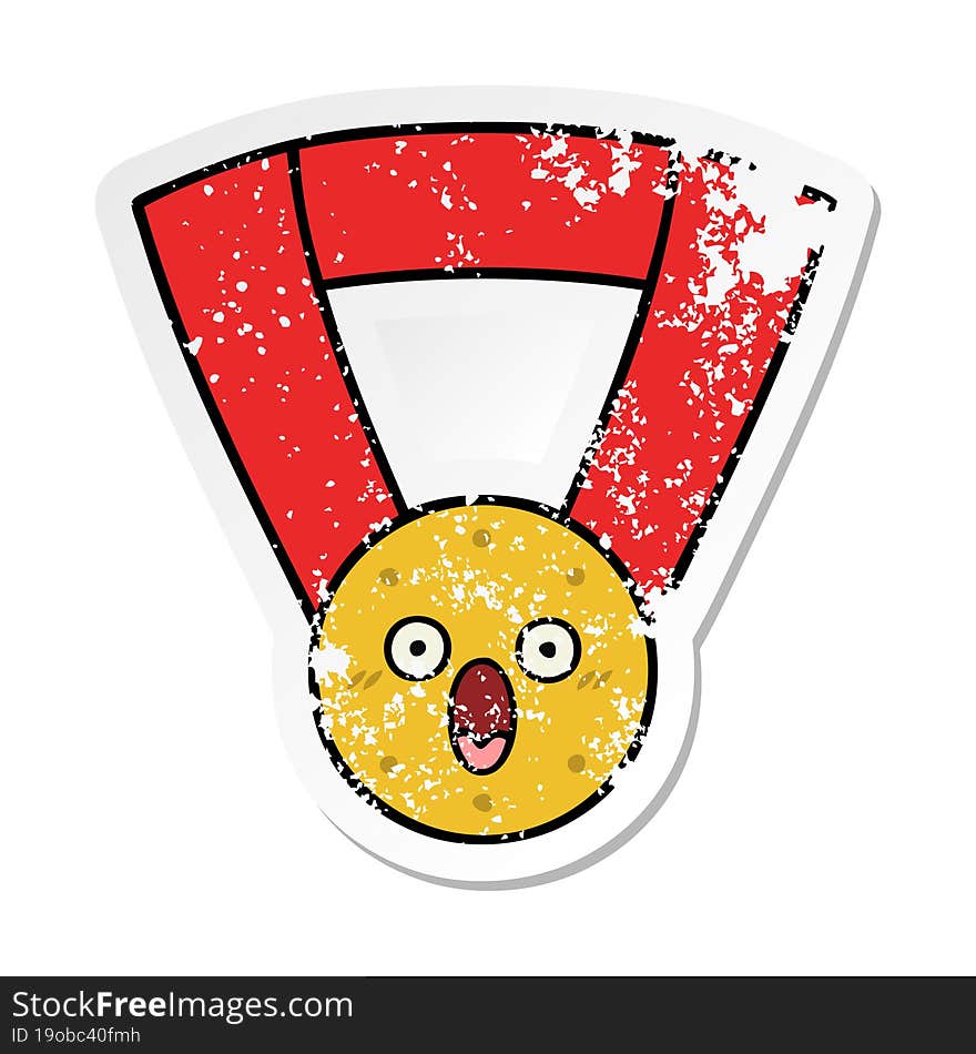 distressed sticker of a cute cartoon gold medal