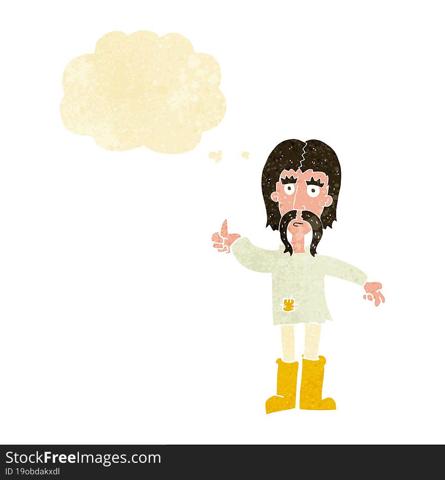 cartoon hippie man giving thumbs up symbol with thought bubble