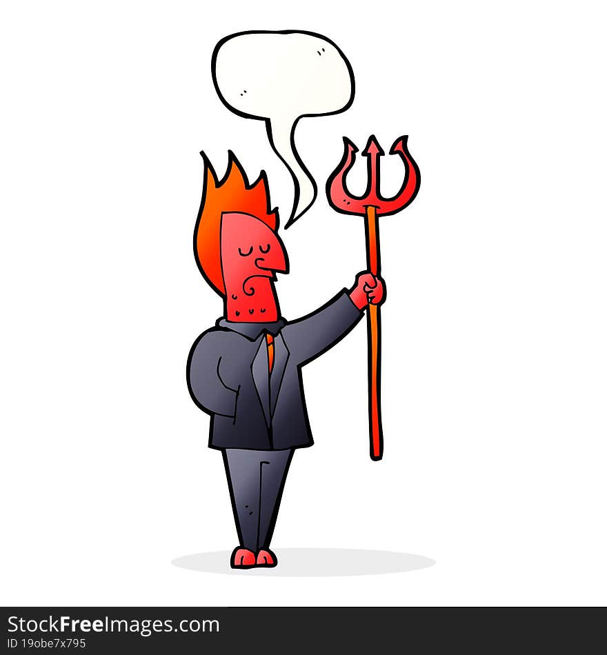 cartoon devil with pitchfork with speech bubble