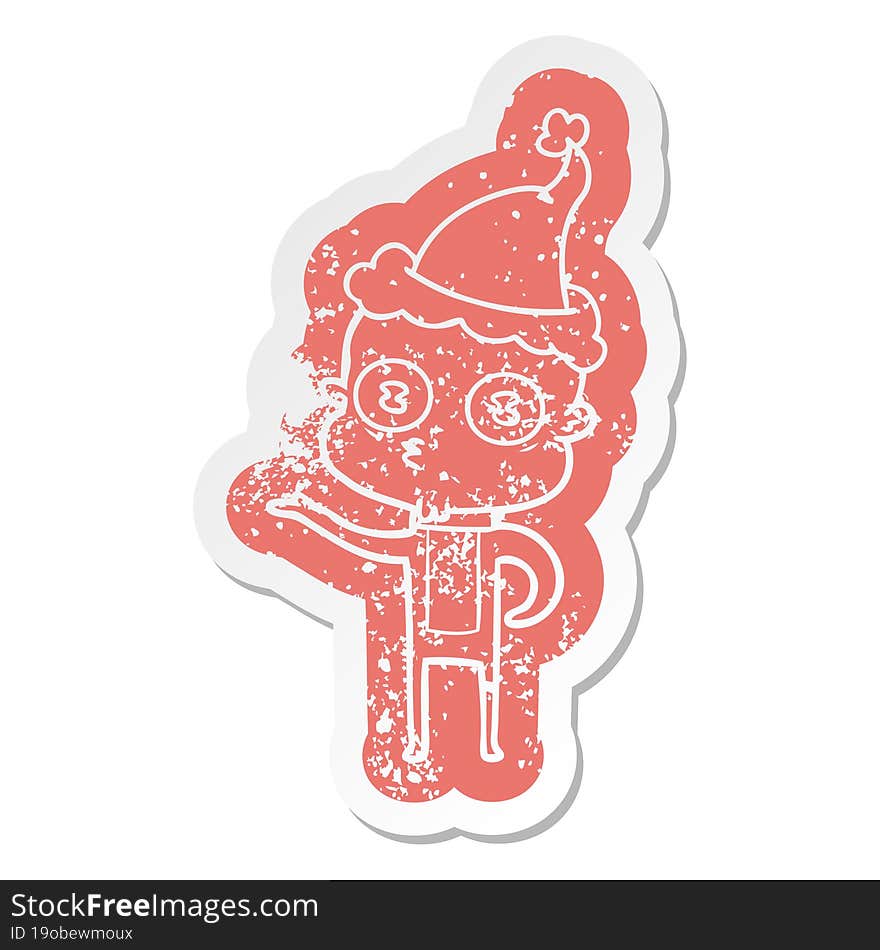 cartoon distressed sticker of a weird bald spaceman wearing santa hat