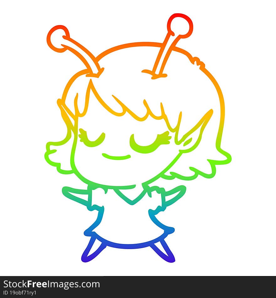 rainbow gradient line drawing smiling alien girl cartoon