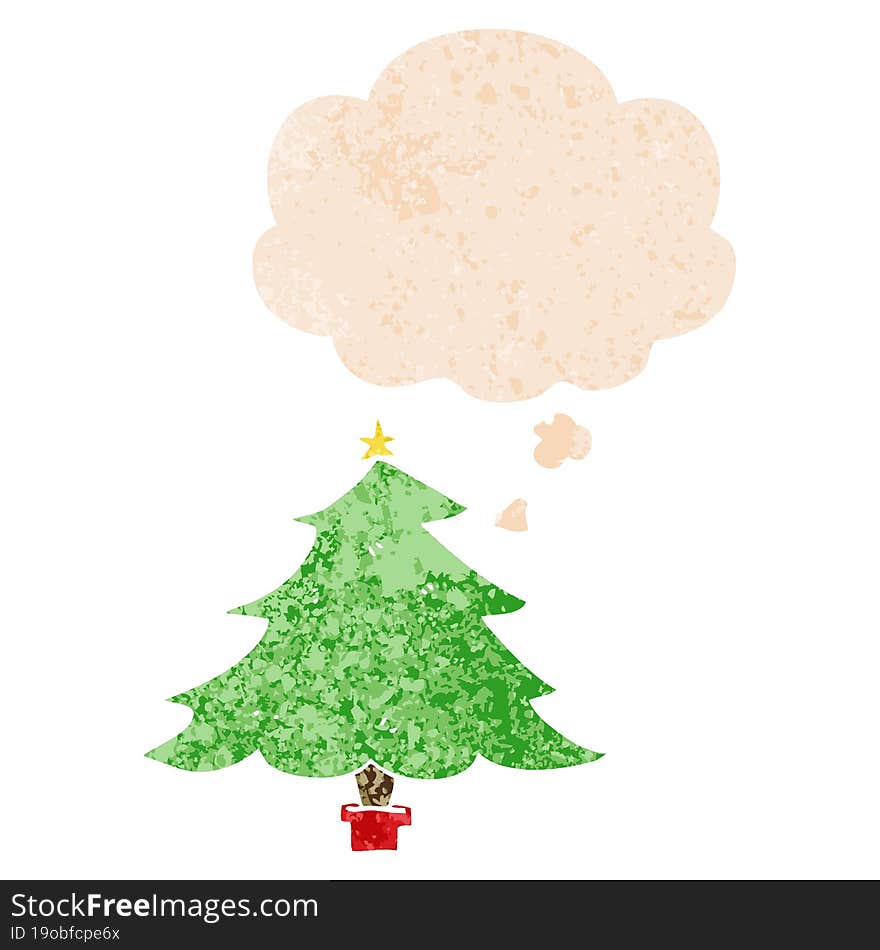 cartoon christmas tree and thought bubble in retro textured style