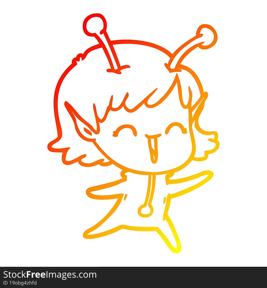 warm gradient line drawing of a cartoon alien girl laughing