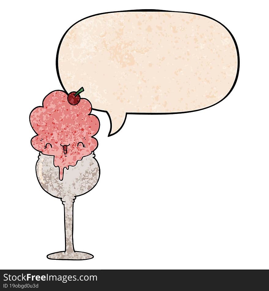 Cute Cartoon Ice Cream Desert And Speech Bubble In Retro Texture Style