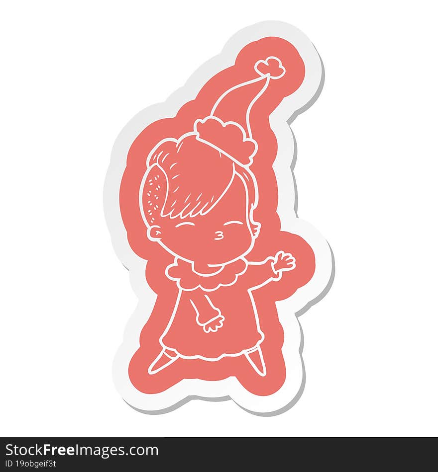 Cartoon  Sticker Of A Squinting Girl Wearing Santa Hat