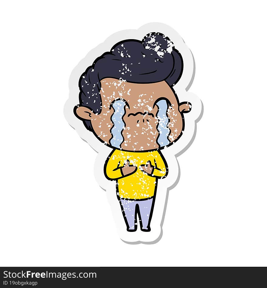 distressed sticker of a cartoon man crying