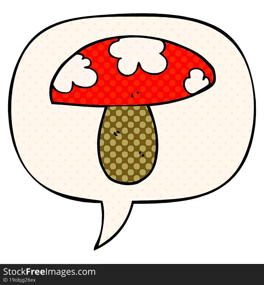 cartoon mushroom and speech bubble in comic book style